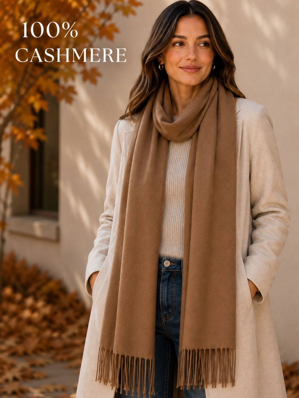 Club Room 100% Cashmere Camel Fringe Scarf Soft Luxury Winter Wrap